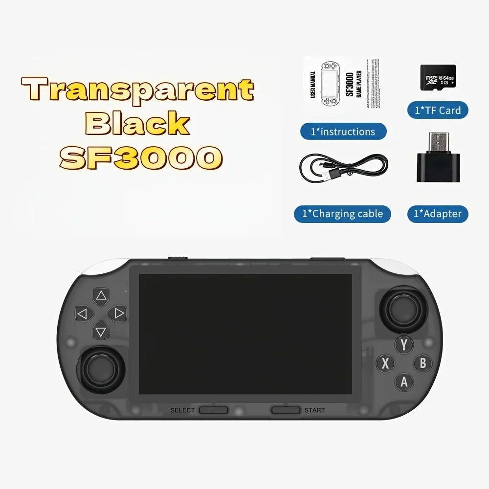 SF3000HD handheld game console - Linux system, IPS screen, USB charging, supports retro gaming and multimedia functions,