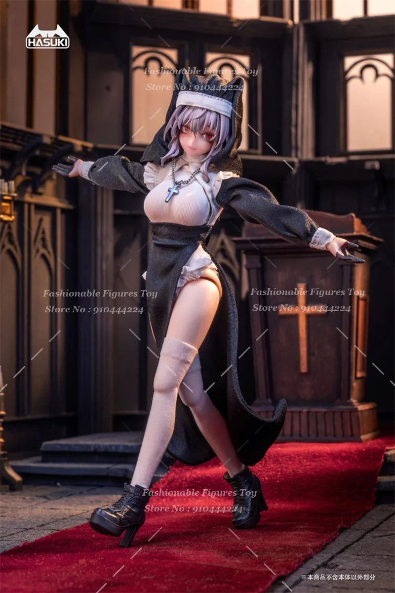 HASUKI CS017 1/12 Female Soldier Nun Uniform Cute Anime Girl Elastic Black Skirt Hat Socks Set Fit 6Inch Action Figure Body