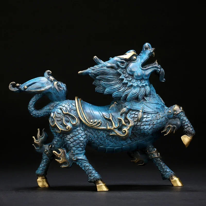Feng Shui Copper Wind and Fire Kirin Statue Mascot Sculpture Brass Painted Home Decoration