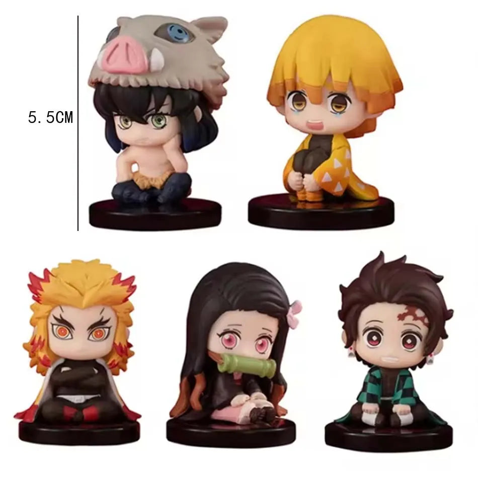 Set Demon Slayer Q Version Sitting Figure Toy Anime Kimetsu no Yaiba Tanjiro Nidouzi Inosuke Zenizu PVD Figurine Model Doll