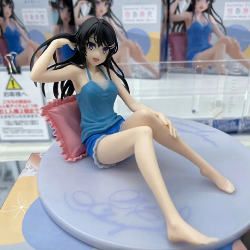 9CM Anime Figure Sakurajima Mai Blue Suspenders Shorts Loungewear Sitting PVC Boxed Model Collection Gift Ornament Decoration