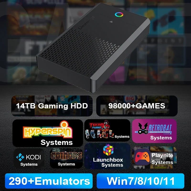 PEAPRIT 14TB Gaming HDD with Hyperspin Launchbox Retrobat Playnite Coinops 98K+ Retro Video Games Console for PS5/PS4/PS3/SWITCH