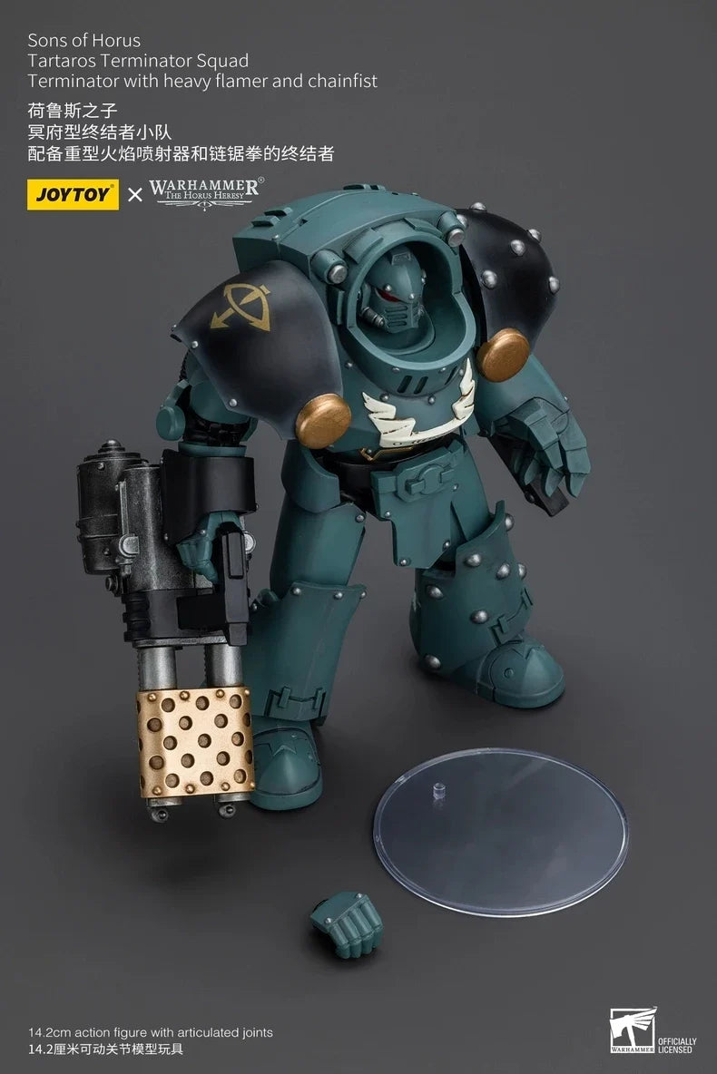 JOYTOY 1/18 Action Figure Warhammer 40K Sons of Horus Tartaros Terminator Squad Heavyflamer and Chainfist Toys Model Gift