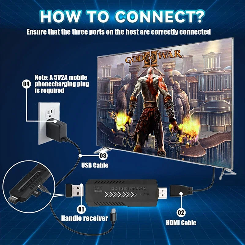 4K HD Video Game Console 32/256G 60000+Games X2 Plus Game Stick 2.4G Double Wireless Controller Game Stick For N64/PSP/PS1/GBA