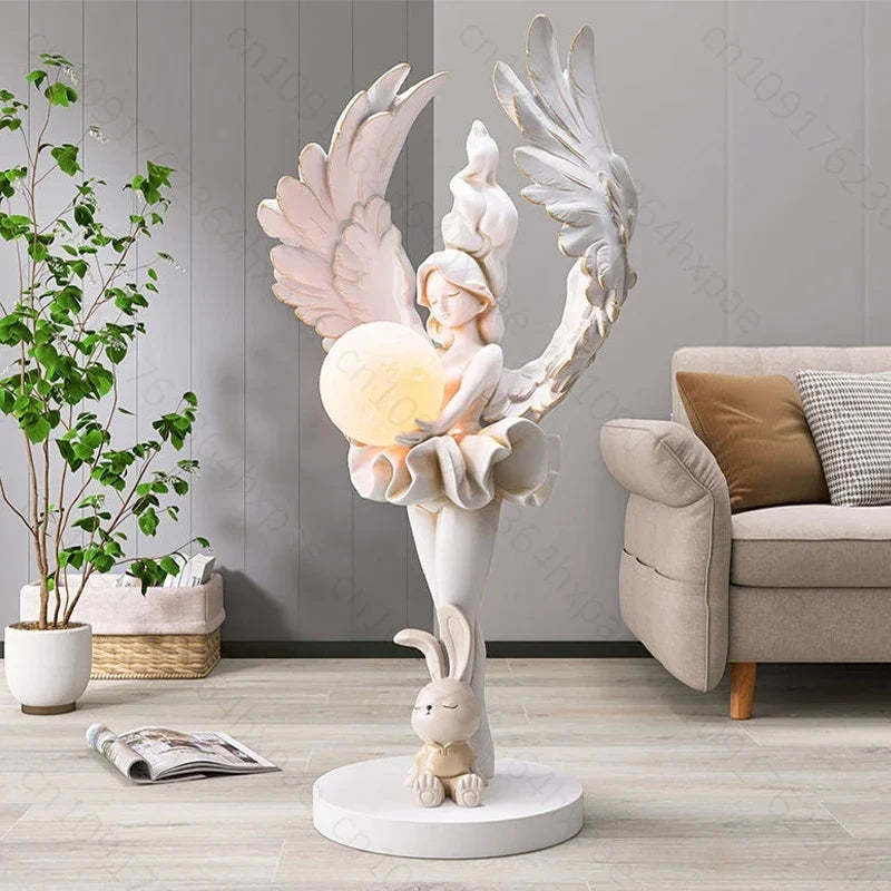 Elegant AngelGirl with Lighting Floor Sculpture Living Room Stylish Statue Angel Standing Ornaments Home Interior Decor Figurine