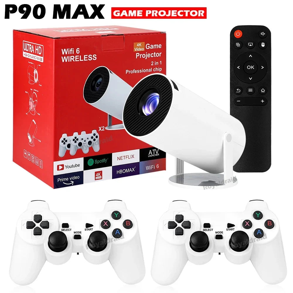 P90 Max Video Game Console w 2 Wireless Controllers 19000+ Retro Games Support 4K 1080P Androd11 Portable Smart Gaming Projector