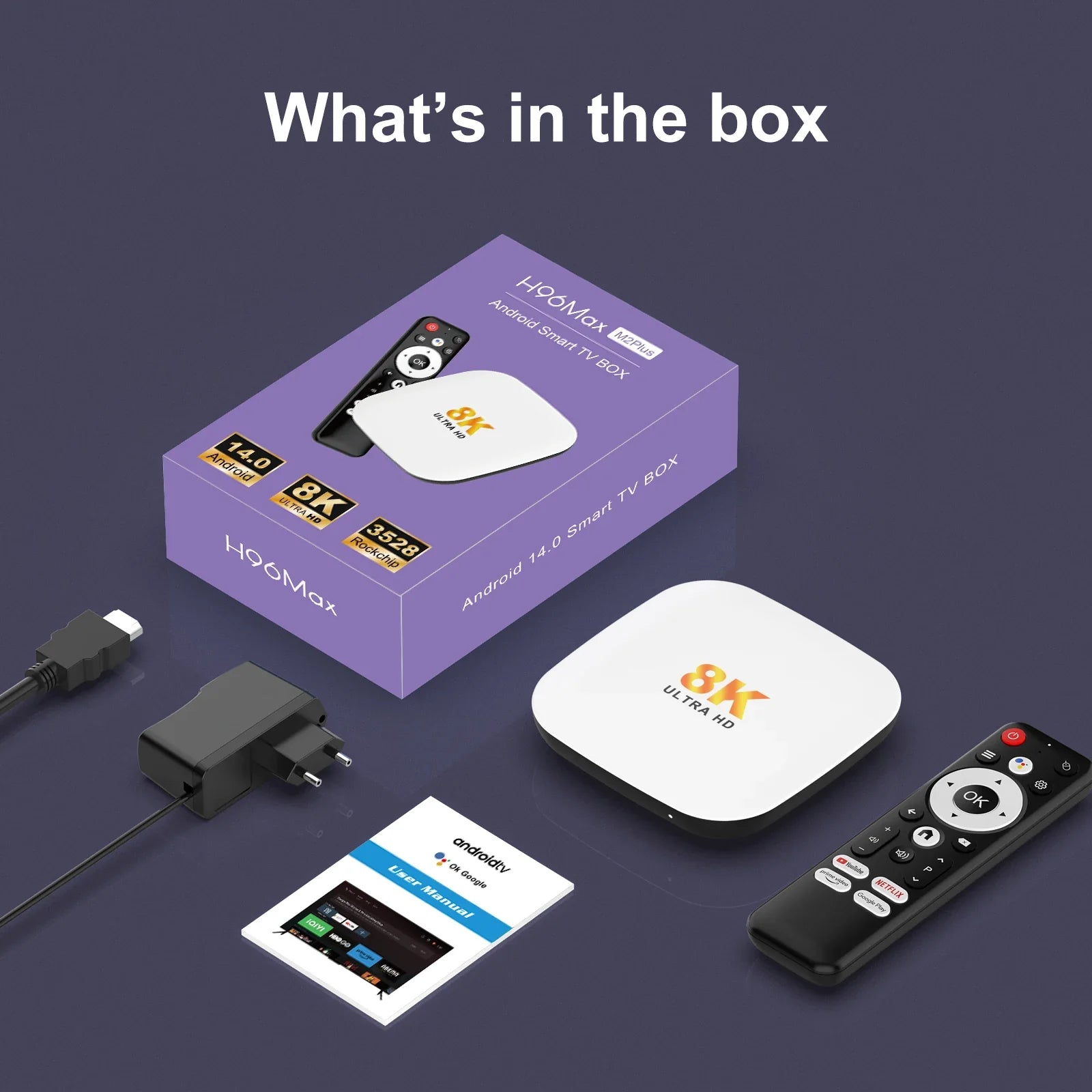 H96Max M2Plus Android14 Smart TV Box Rockchip RK3528 4GB 32GB/128GB BT5.4 8K 100M/Lan Media Play M2Plus Android14 TV Box