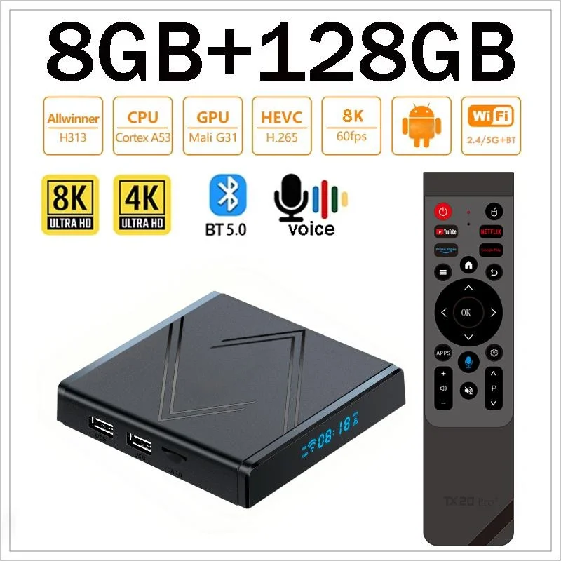 TX20 Pro+ Smart TV Box Android  4K 8K HD 4G 5G Dual WIFI 3D BT5.0 Video Media Player 8GB 128GB Allwinner H313 Set-top Box iptv