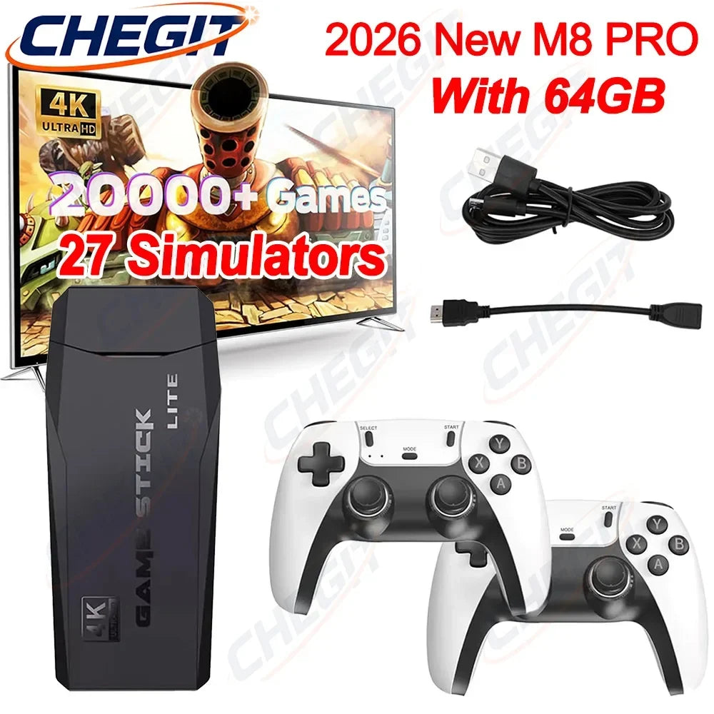 CHEGIT 4K Gaming Consola Video Game Stick With 64G Upgraded 27+ Simulators Handheld Video Game Console Wireless Gamepads