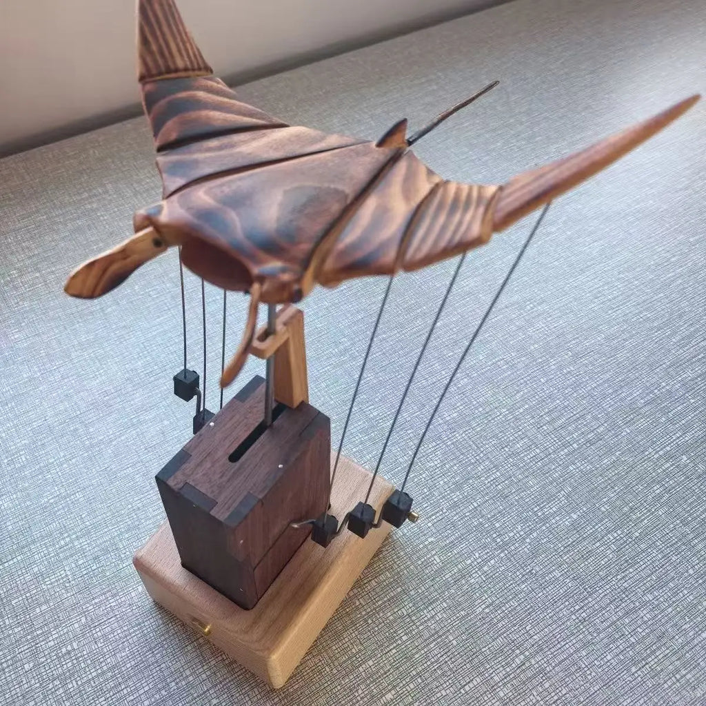 Artisan Wooden Manta Ray Automaton Handcrafted Mechanical Ocean Animal Ornaments Hand-Cranked Kinetic DIY Puzzle Decoration