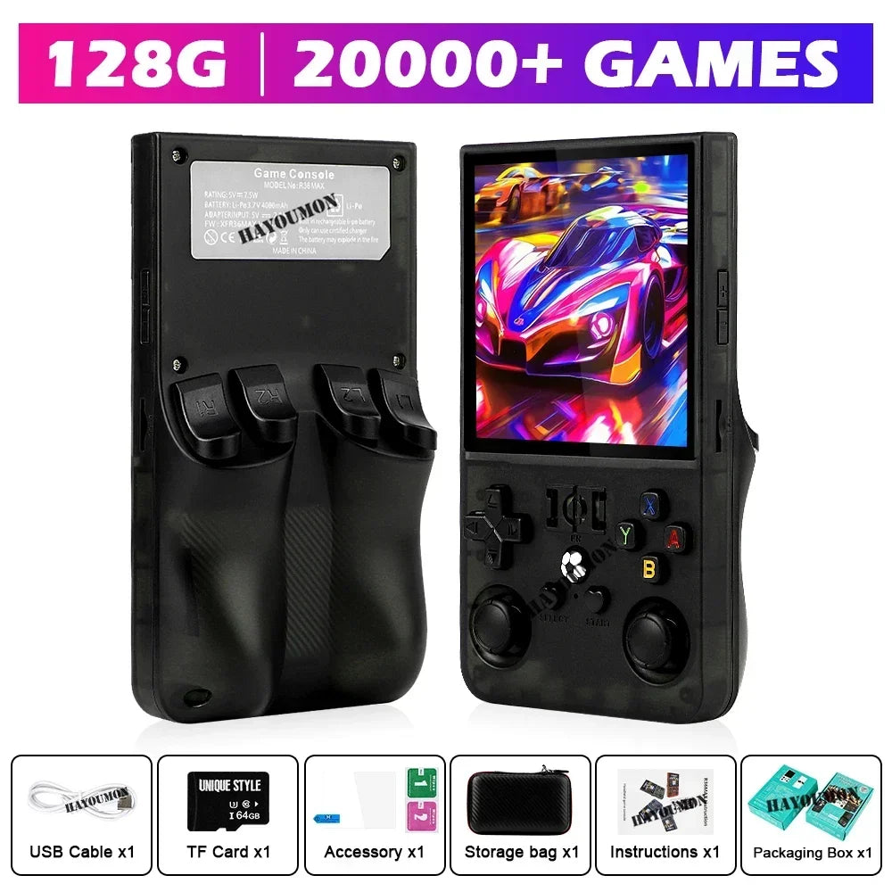 Gray R36 Max Console Handheld Game Players 4" IPS Screen Open Source Console Retro Pocket Video Player 128G Up to 20000+ Games