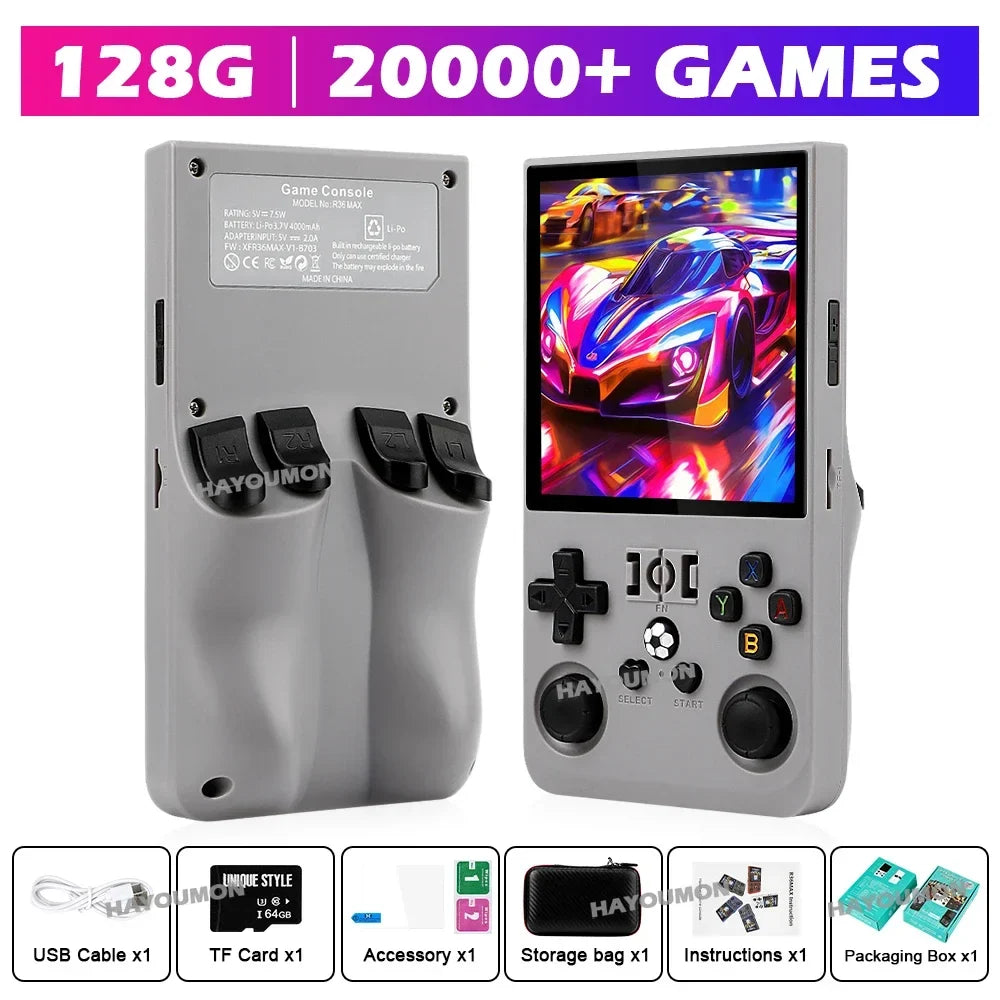 Gray R36 Max Console Handheld Game Players 4" IPS Screen Open Source Console Retro Pocket Video Player 128G Up to 20000+ Games