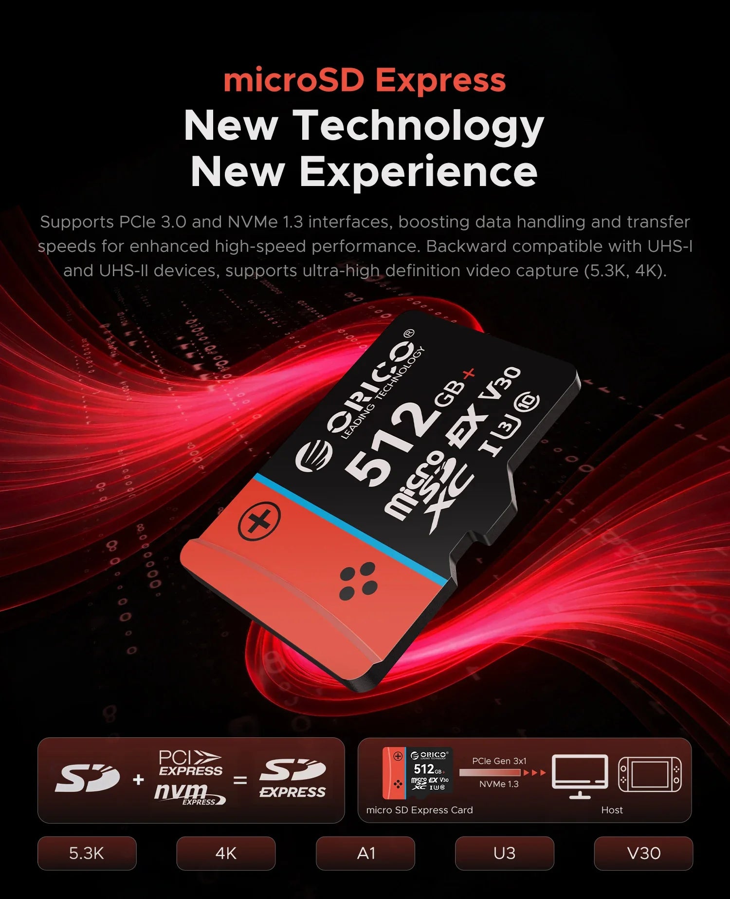 ORICO microSD Express Card  UHS-I, C10, U3, V30, Full HD, 4K, Up to 890 Memory Card for Nintendo-Switch 2 Steam Deck Gaming