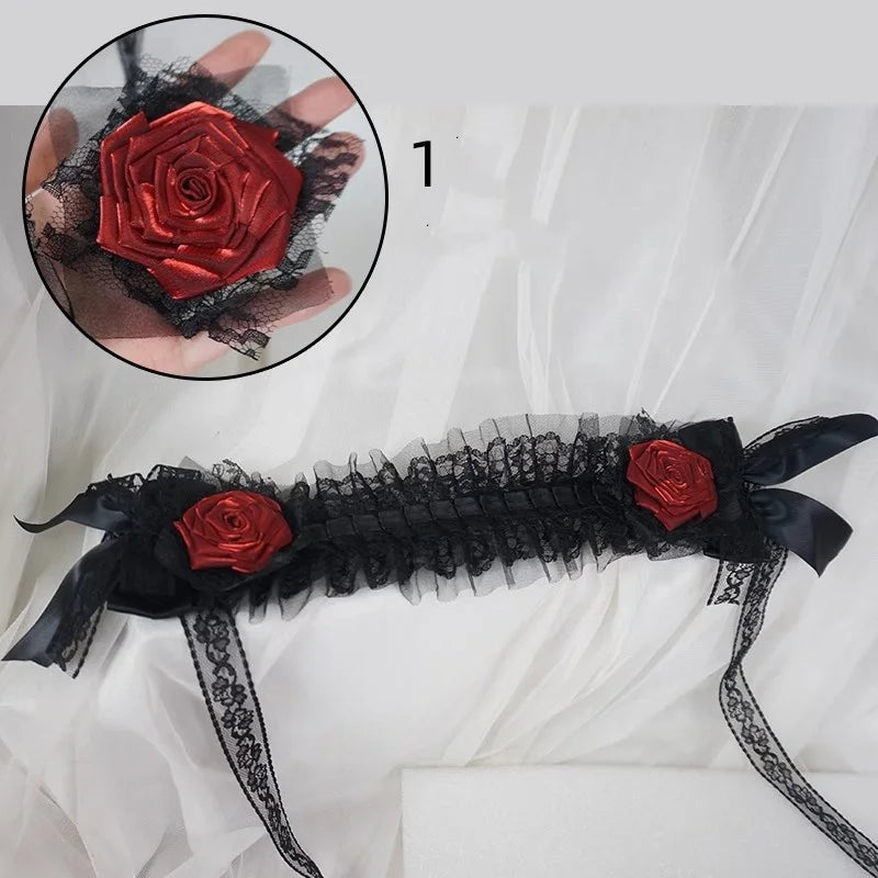 Handmade Rose Girl Lace Bow Dark Headpiece Gothic Bride Scorched Edge Rose Flower Headband Halloween lolita Doll Hair Accessory