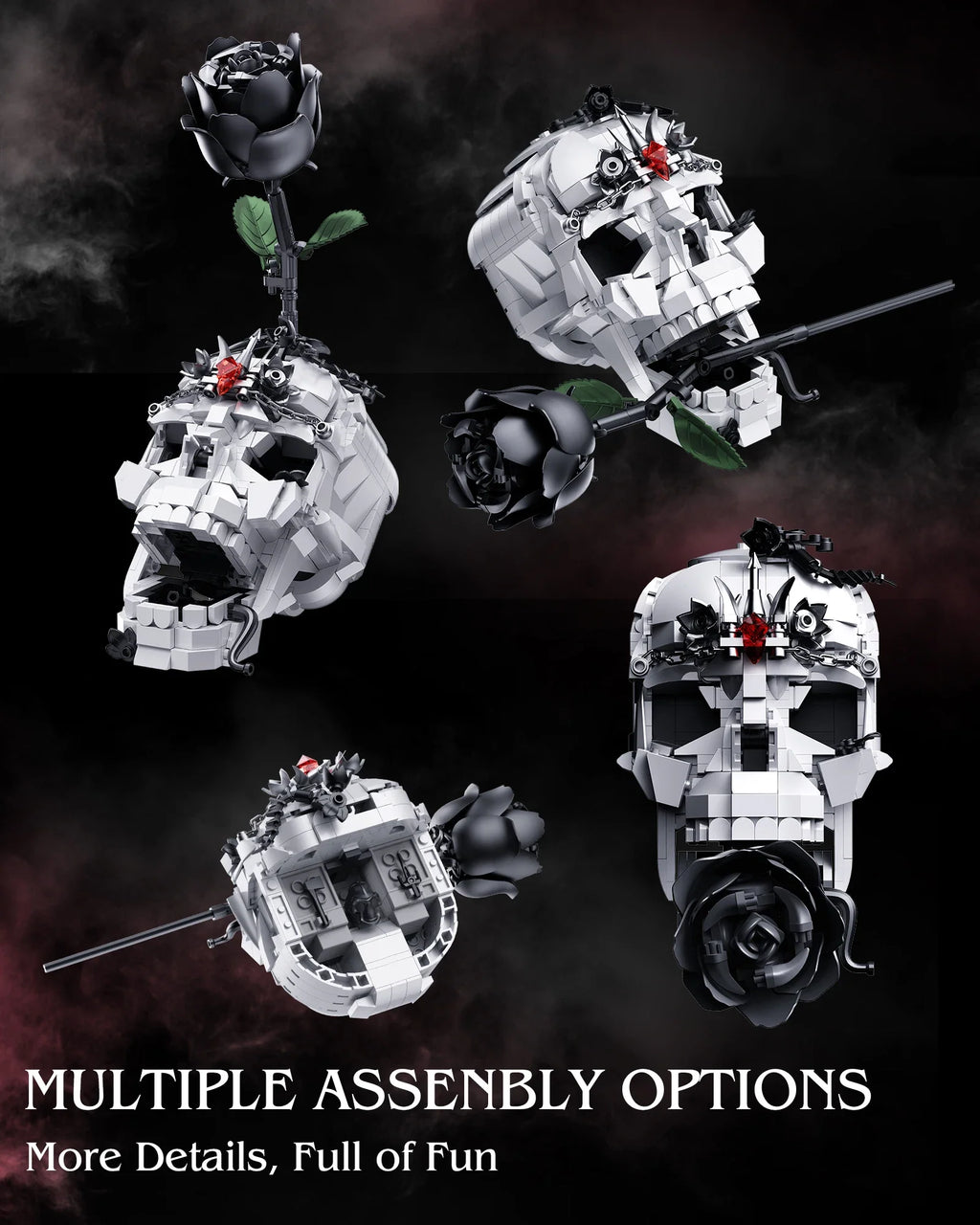 Creative Evil Skull Transformation Model Toy Block Dark Rose 3-in-1 Set Office Decoration Assembly Toy Boy Halloween Gift