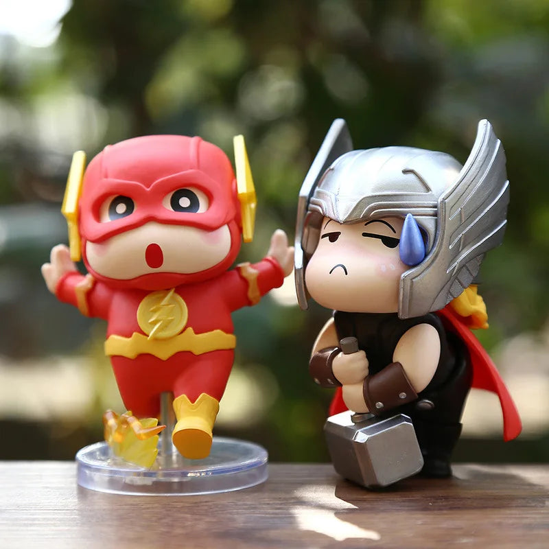 6pcs/set Anime Crayon Shin-chan Cos Captain America Iron Man q-version Action Figure PVC Model Toys Desk Decor Collectible Gifts