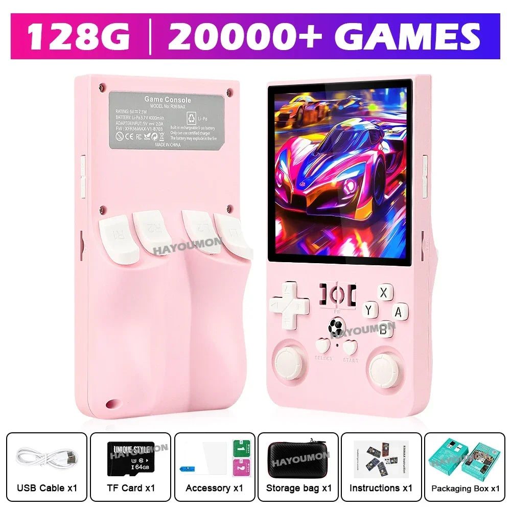 Gray R36 Max Console Handheld Game Players 4" IPS Screen Open Source Console Retro Pocket Video Player 128G Up to 20000+ Games