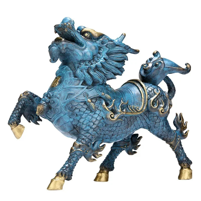 Feng Shui Copper Wind and Fire Kirin Statue Mascot Sculpture Brass Painted Home Decoration