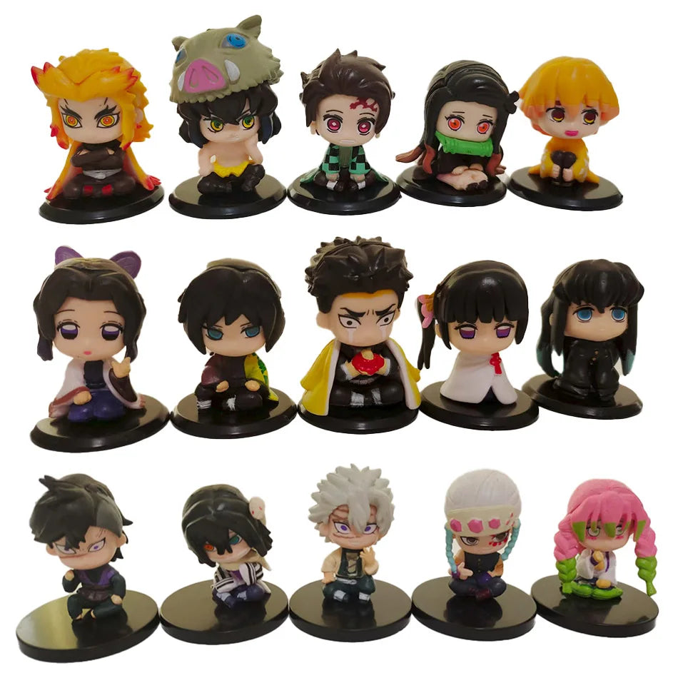 15 PCS/Set Q Version Demon Slayer Sitting Ghost Doll Tanjiro Nidouzi Inosuke Zenizu Figure Action Figure Movie Model Toys Doll