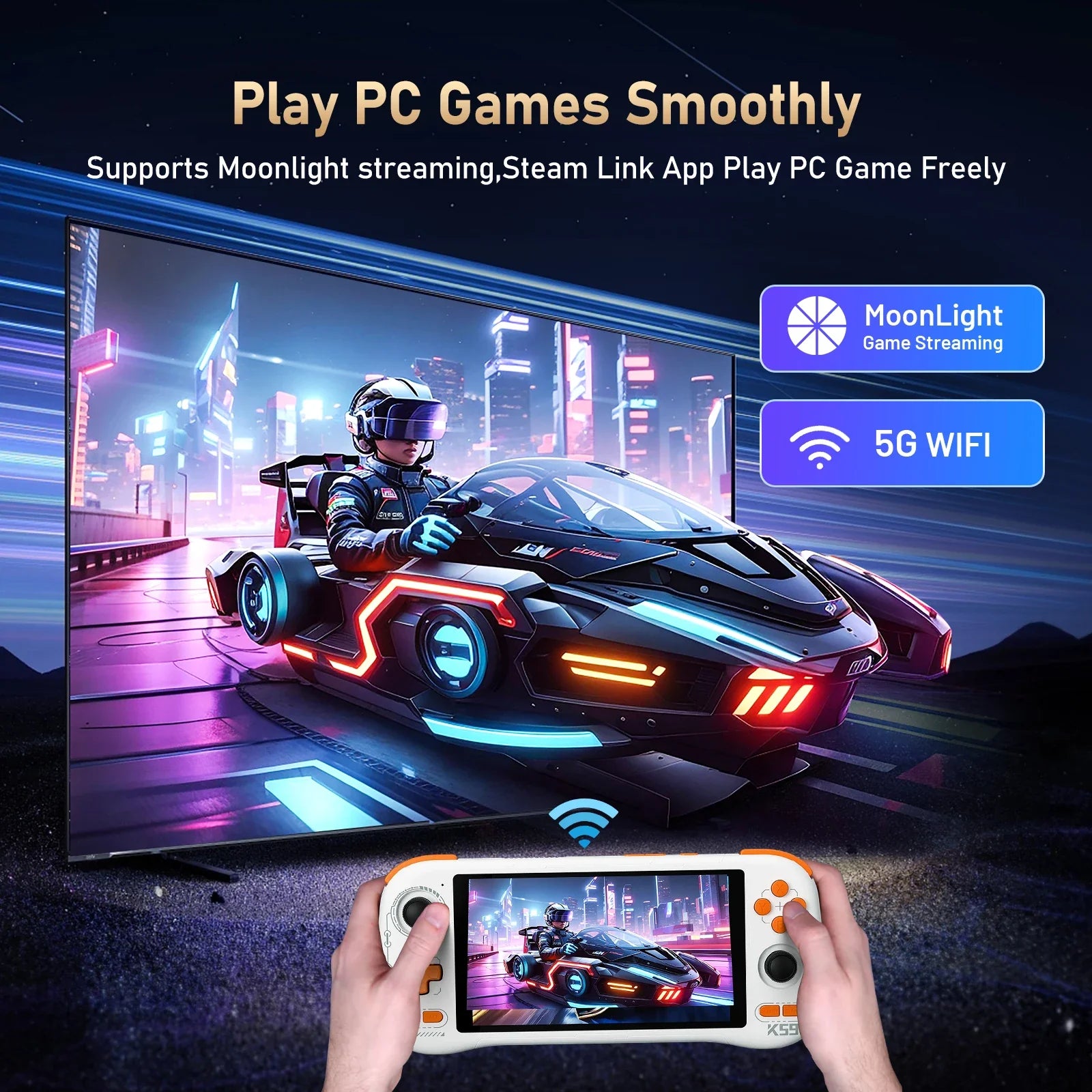 FLLBW K59 Handheld Game Console 5.5'' 1080P Screen 50 Emulators for PS1/PSP/DC/SS Android14 5000mAh WIFI5 Retro Game Player