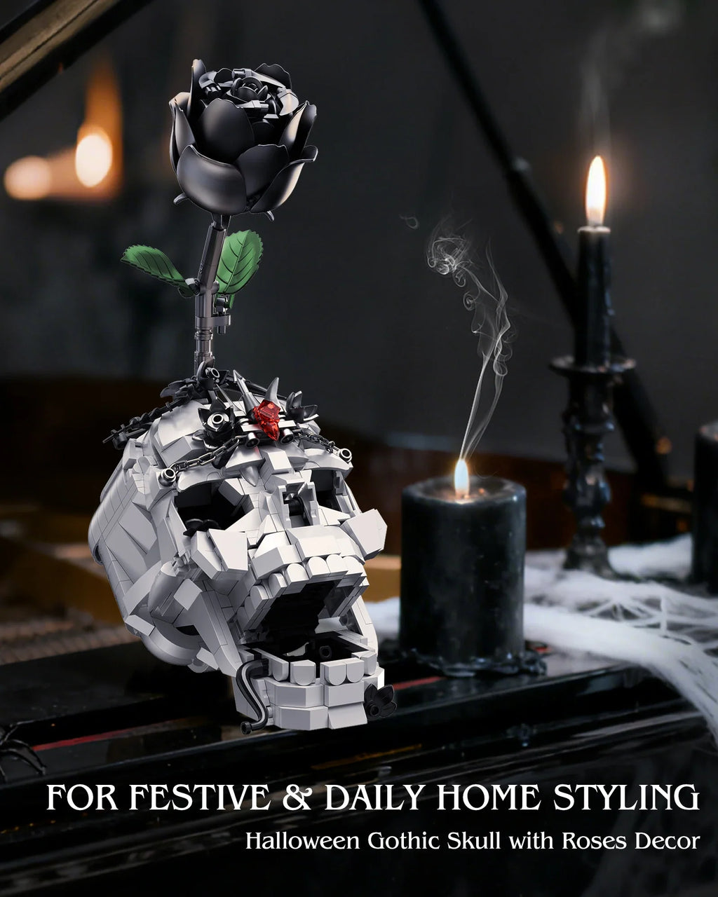 Creative Evil Skull Transformation Model Toy Block Dark Rose 3-in-1 Set Office Decoration Assembly Toy Boy Halloween Gift