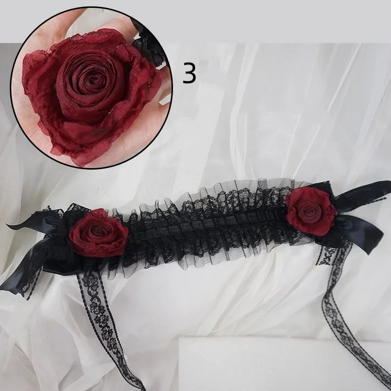 Handmade Rose Girl Lace Bow Dark Headpiece Gothic Bride Scorched Edge Rose Flower Headband Halloween lolita Doll Hair Accessory