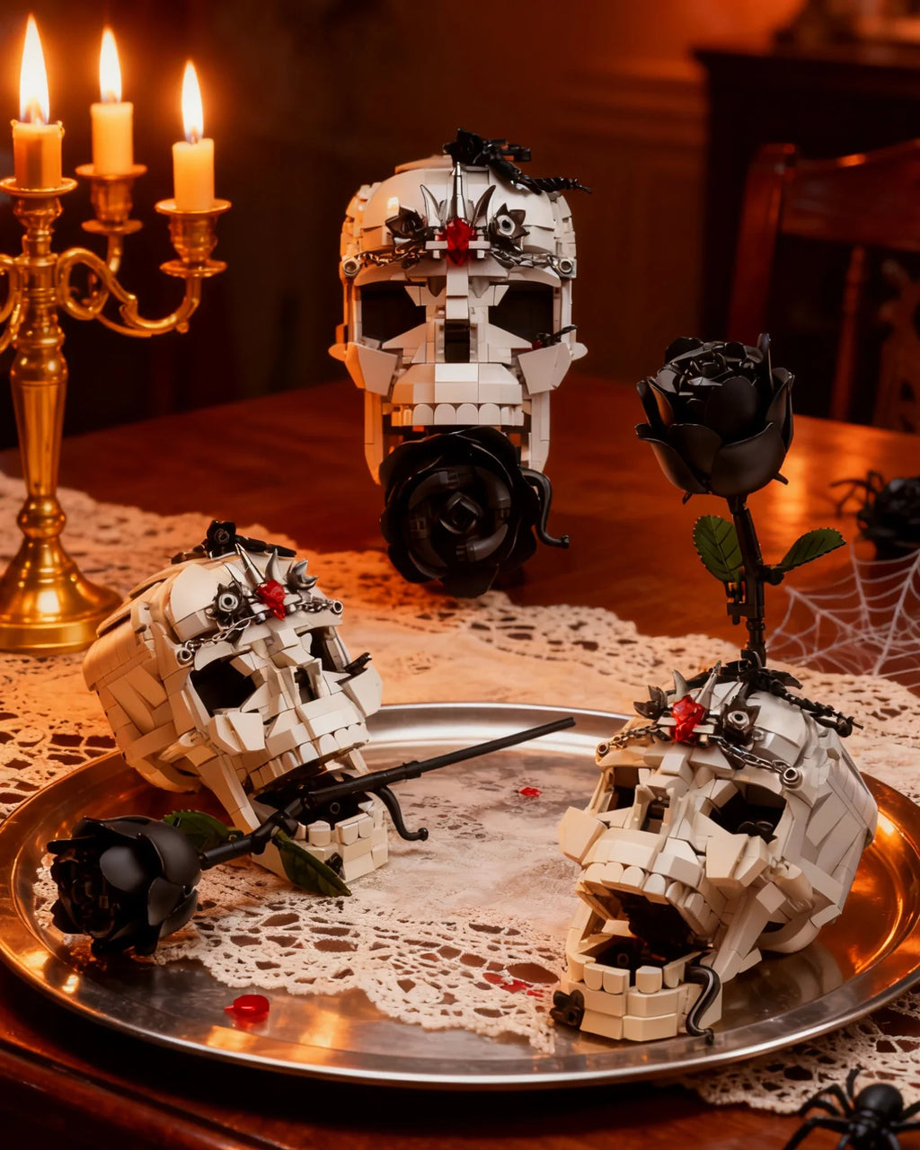 Creative Evil Skull Transformation Model Toy Block Dark Rose 3-in-1 Set Office Decoration Assembly Toy Boy Halloween Gift
