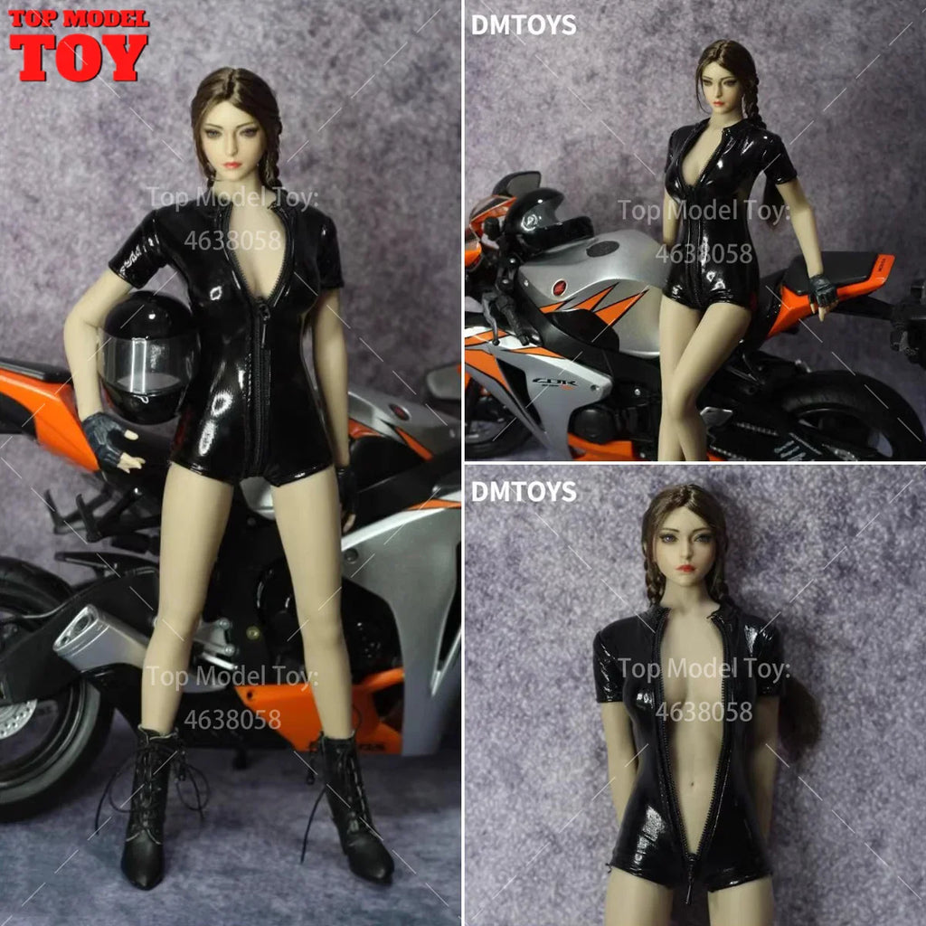 DMTOYS 1/6 Weibliche Motorrad-Agentin PU Explosionsgeschützte Leder Einteiler Modell 12'' TBL Weibliche Soldat Actionfigur Puppe