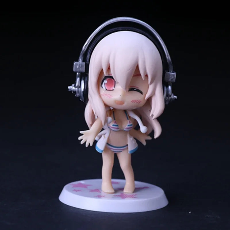 10CM Anime Figure Super Sonico Working Swimsuit Suit Chassis Q Version Model Dolls Toy Gift Collect Boxed Ornament PVC Material