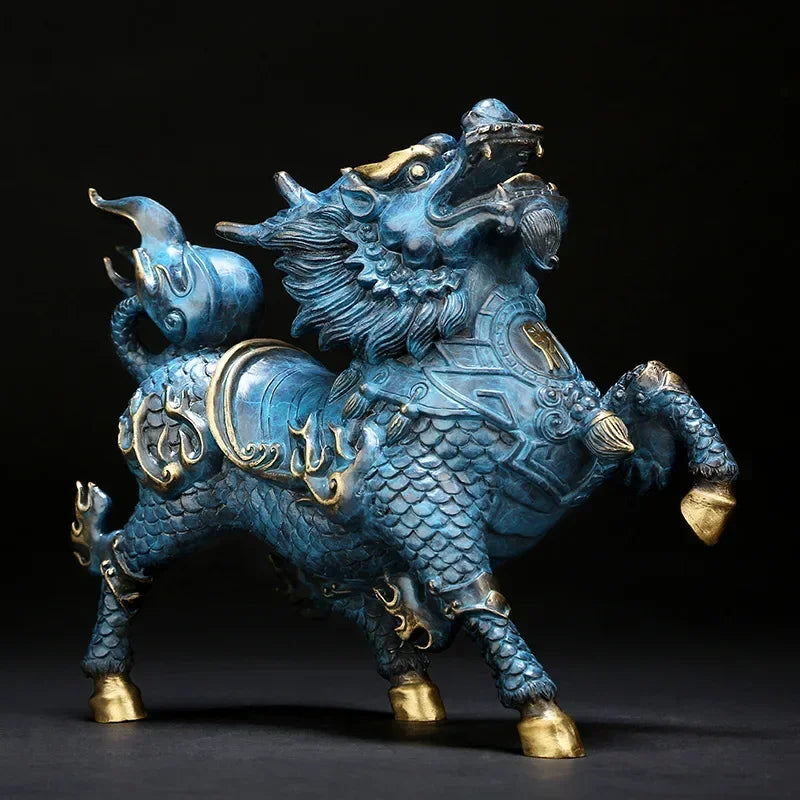 Feng Shui Copper Wind and Fire Kirin Statue Mascot Sculpture Brass Painted Home Decoration