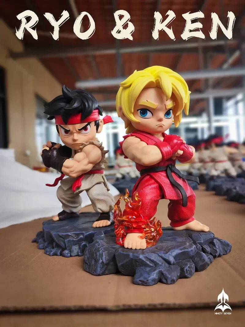 15cm Street Fighter Long & Ken Hongrenken Bai Ren Long Ryu  Q Version Hand-made Dolls Tide Play Art Ornaments toy for gift ﻿