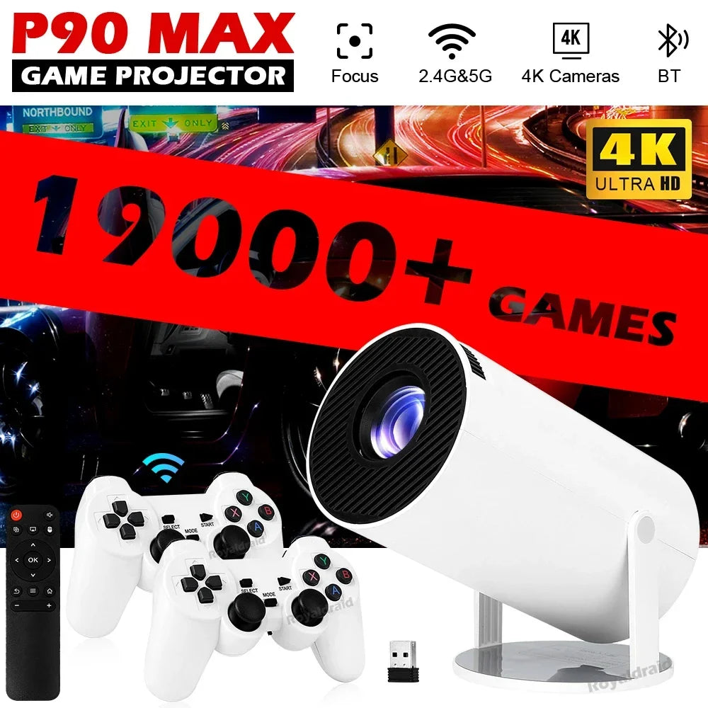 P90 Max Video Game Console w 2 Wireless Controllers 19000+ Retro Games Support 4K 1080P Androd11 Portable Smart Gaming Projector