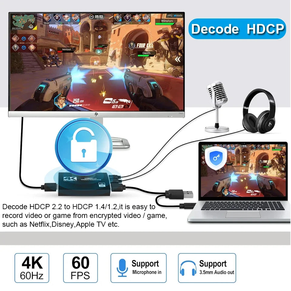4K USB 3.0 Video Capture Card HDMI Bypass HDCP 1080P 60Hz HD Video Recorder Grabber For PS5 OBS Game Recording Live Streaming