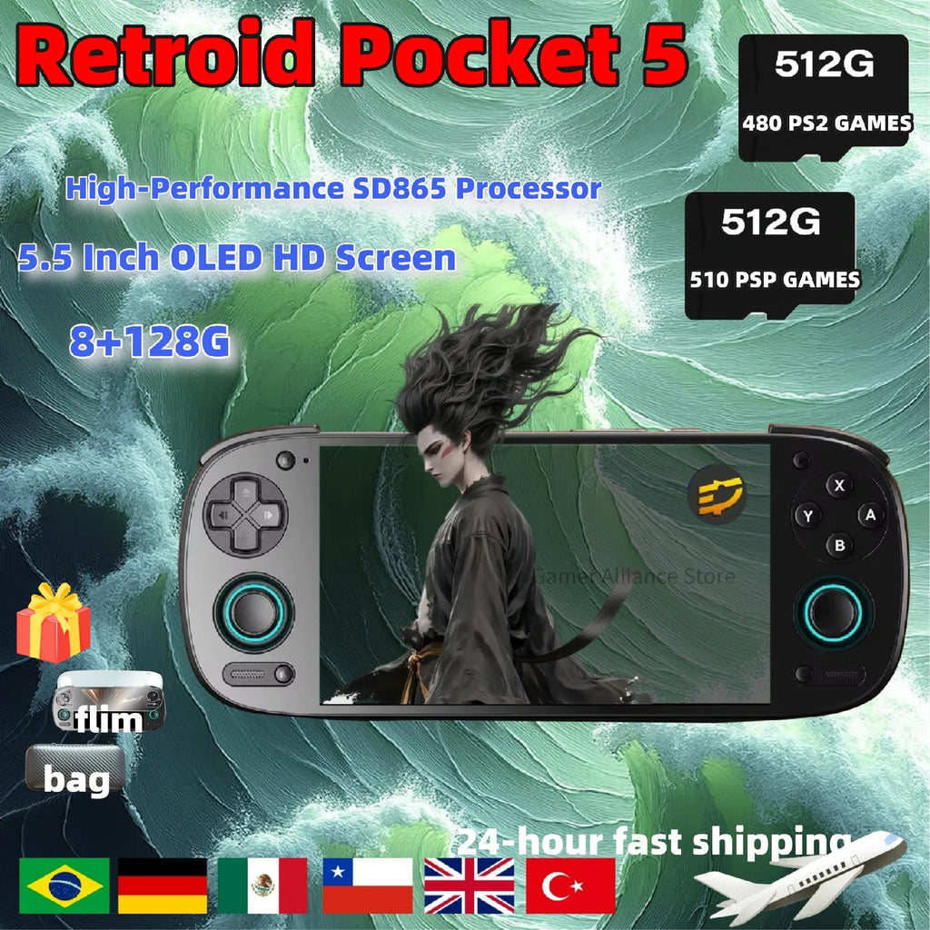Retroid Pocket 5 RP5 Retro Handheld Game Console Video Game Consoles 8G+128G PSP PS2 5.5 Inch OLED Touch Screen SD865 Android13