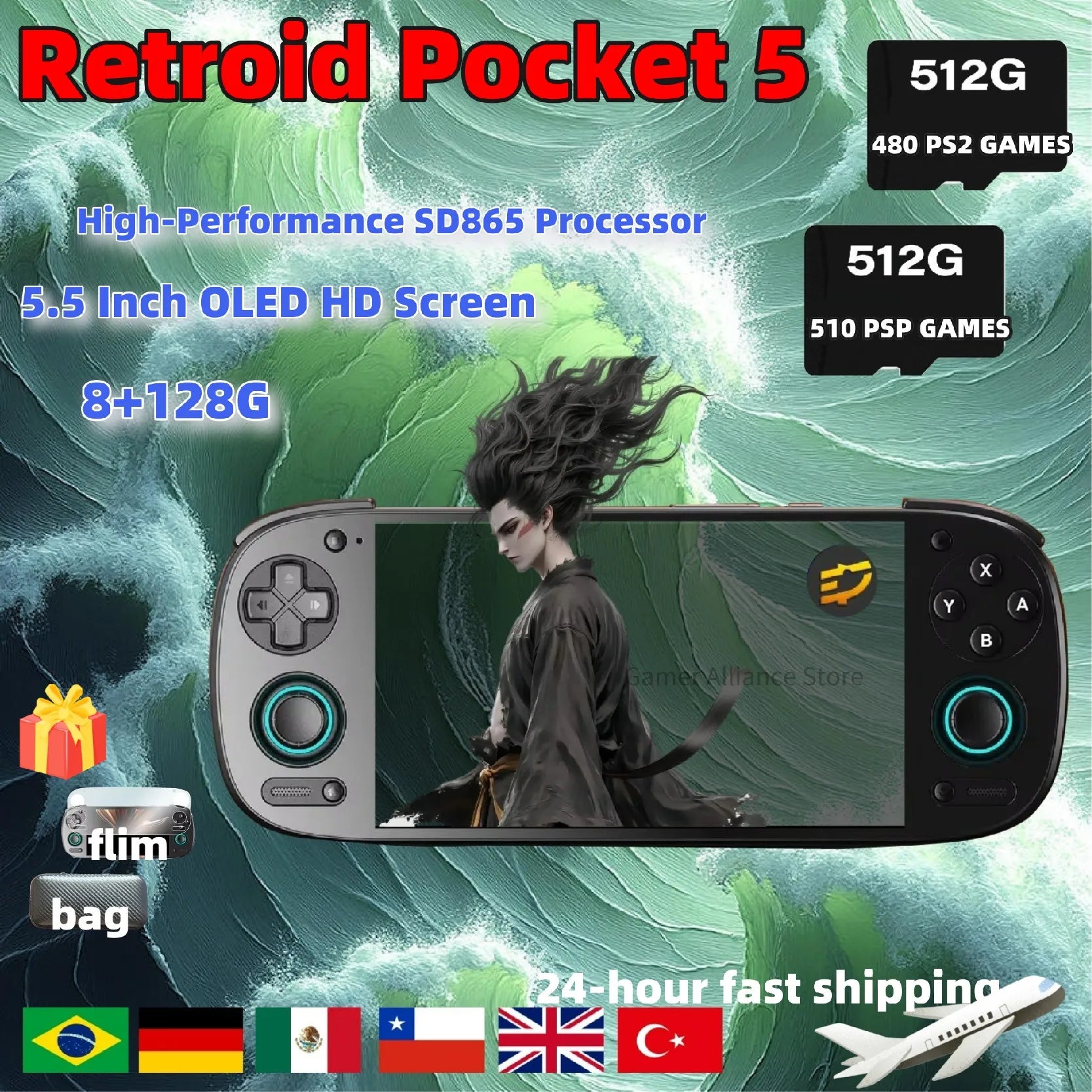 Retroid Pocket 5 RP5 Retro Handheld Game Console Video Game Consoles 8G+128G PSP PS2 5.5 Inch OLED Touch Screen SD865 Android13