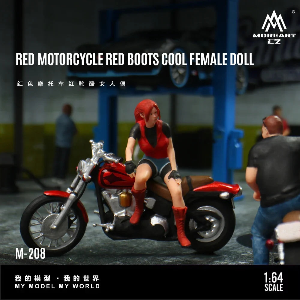 MoreArt 1:64 Red Motorcycle Red Boot Cool Female Figure Resin Model, Miniature Scene Decoration Gift&Display
