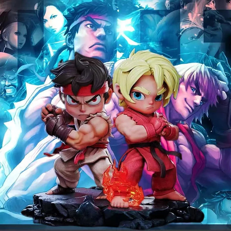 15cm Street Fighter Long & Ken Hongrenken Bai Ren Long Ryu  Q Version Hand-made Dolls Tide Play Art Ornaments toy for gift ﻿