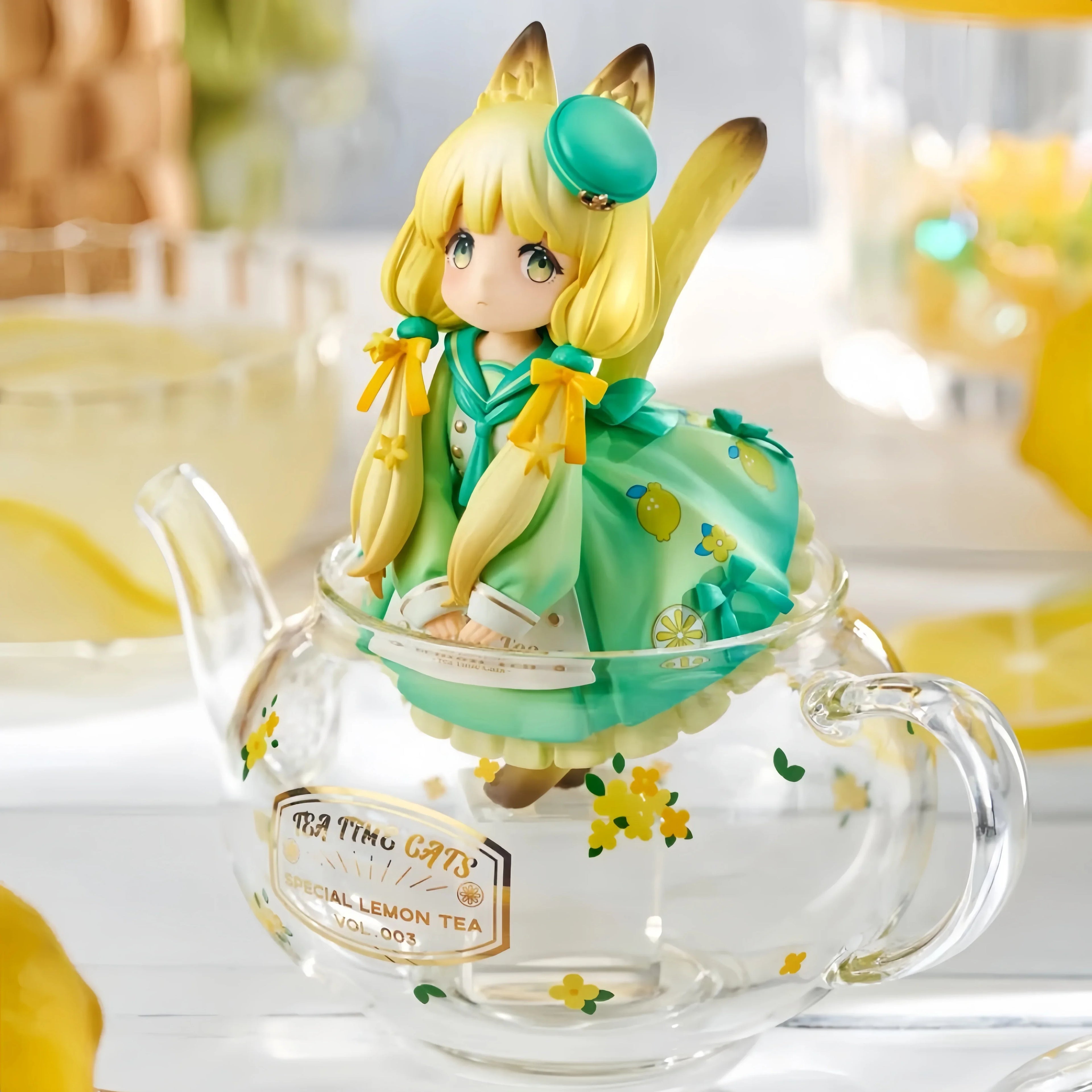 Genuine Ribose Star Tea Party Cat Lemon Cat Teapot Meow Action Figure Model Toy Desktop Collection Ornament Toy