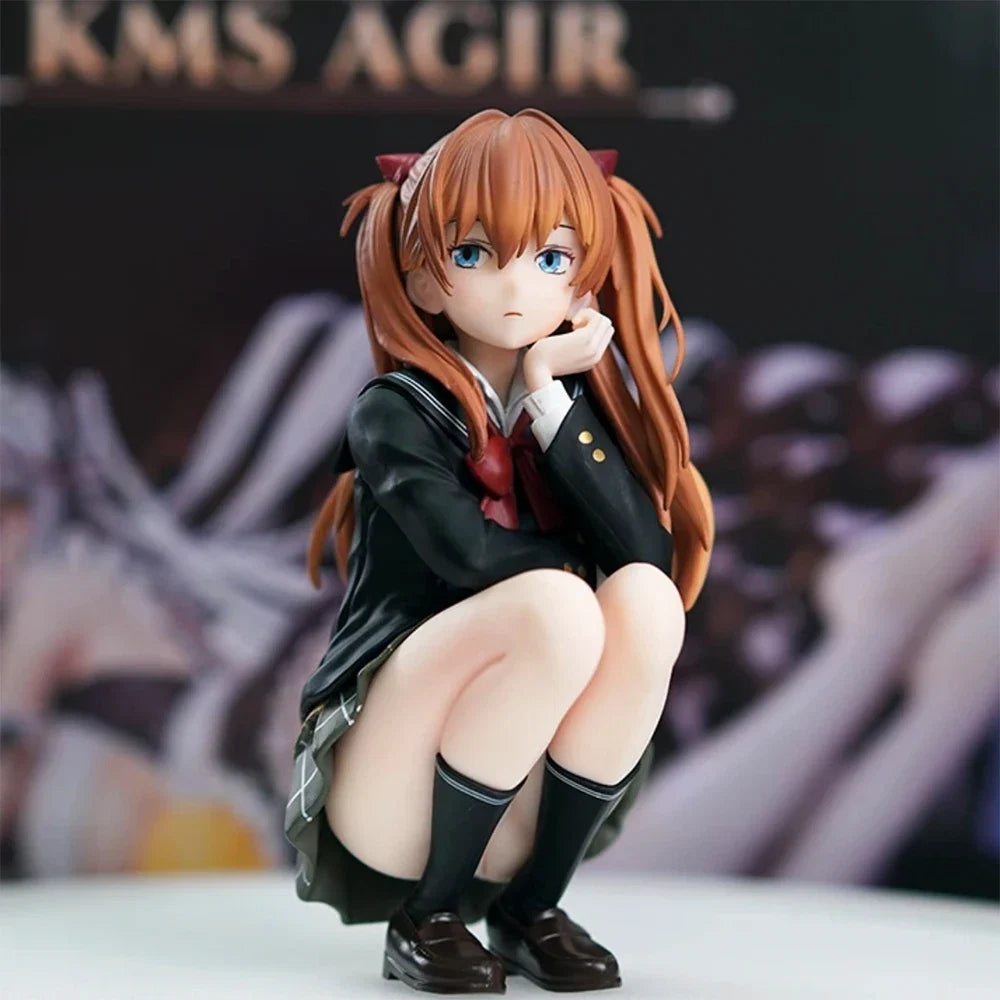 EVA Asuka Pretty Girl School Uniform Squatting Posture Asuka Anime Handmade PVC Model gift ornaments