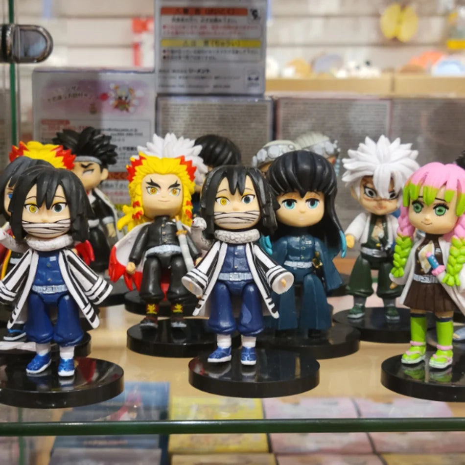 9pcs Set Q Version Demon Slayer Sitting Ghost Doll Tanjiro Nidouzi Inosuke Zenizu Figure Action Figure Movie Model kid Toy Gifts