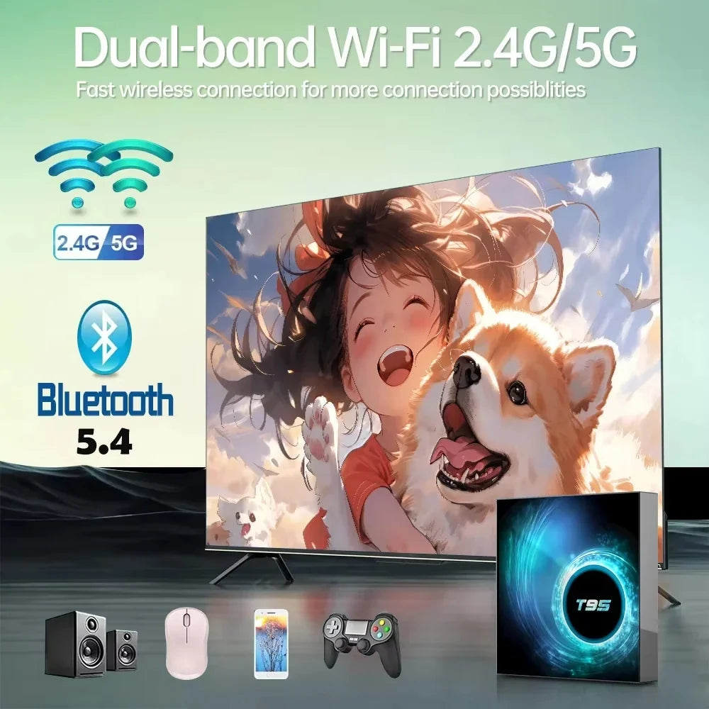 Smart TV Box Android 14 T95 6K Allwinnerh616 Media Player Dual WiFi Bluetooth 5.4 with Remote Support Google Voice Set Top Box