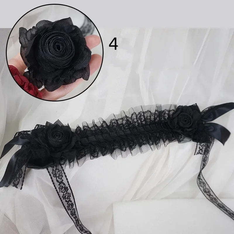 Handmade Rose Girl Lace Bow Dark Headpiece Gothic Bride Scorched Edge Rose Flower Headband Halloween lolita Doll Hair Accessory
