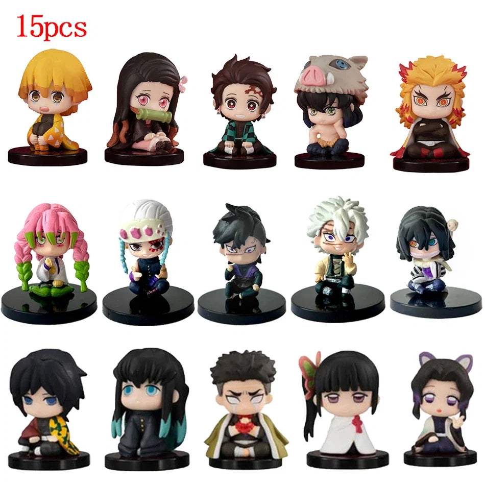 5-15pcs Q Version Demon Slayer Sitting Ghost Doll Tanjiro Nidouzi Inosuke Zenizu Toy Figural PVC Model Gift