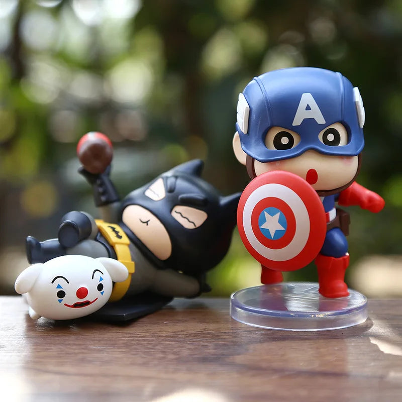 6pcs/set Anime Crayon Shin-chan Cos Captain America Iron Man q-version Action Figure PVC Model Toys Desk Decor Collectible Gifts