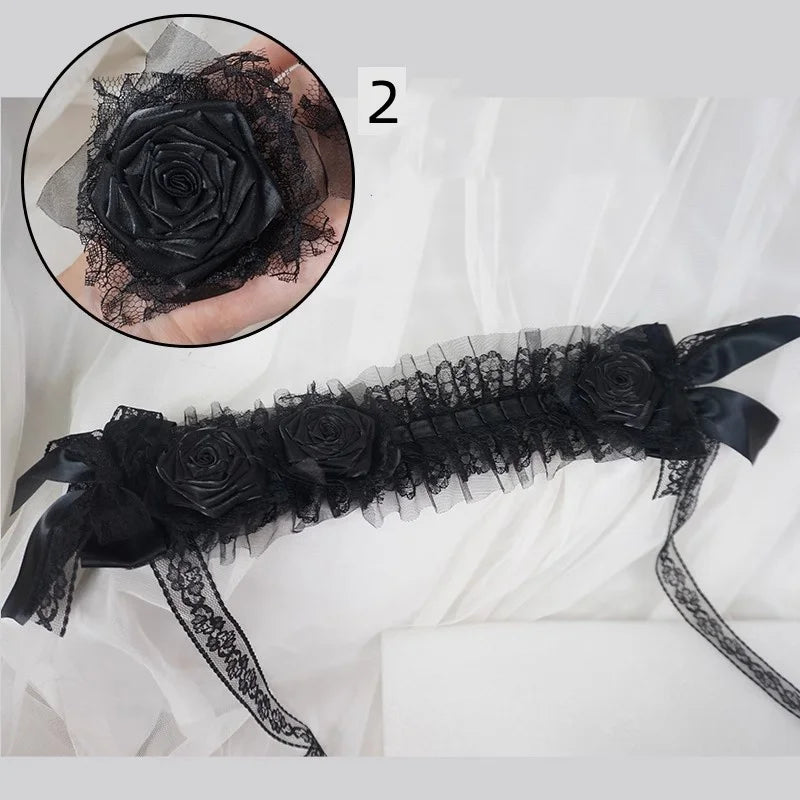 Handmade Rose Girl Lace Bow Dark Headpiece Gothic Bride Scorched Edge Rose Flower Headband Halloween lolita Doll Hair Accessory