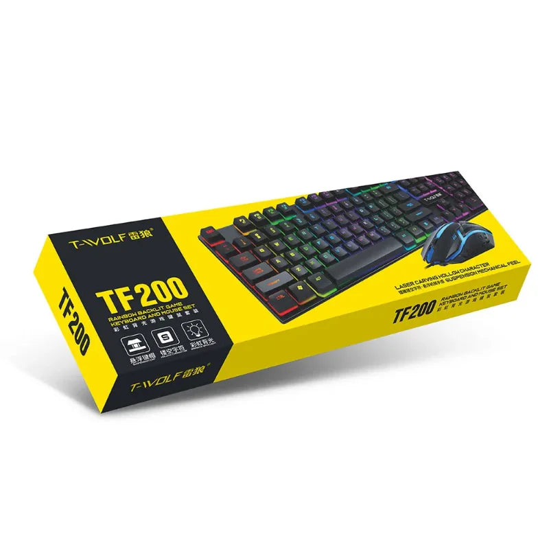 TF200 Wired Keyboard Mouse Combos 104 Keys RGB Blacklight Multi-function USB Gaming Keyboard English Russian for Game Office