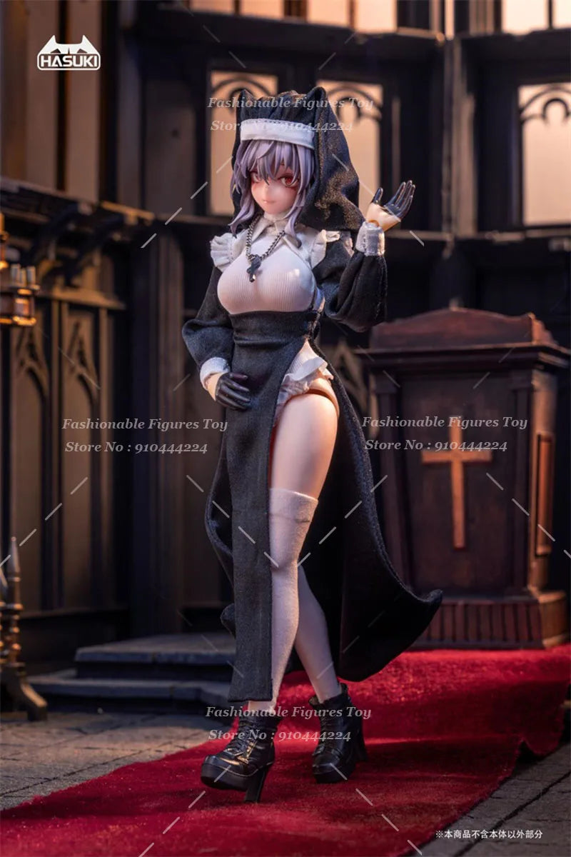 HASUKI CS017 1/12 Female Soldier Nun Uniform Cute Anime Girl Elastic Black Skirt Hat Socks Set Fit 6Inch Action Figure Body