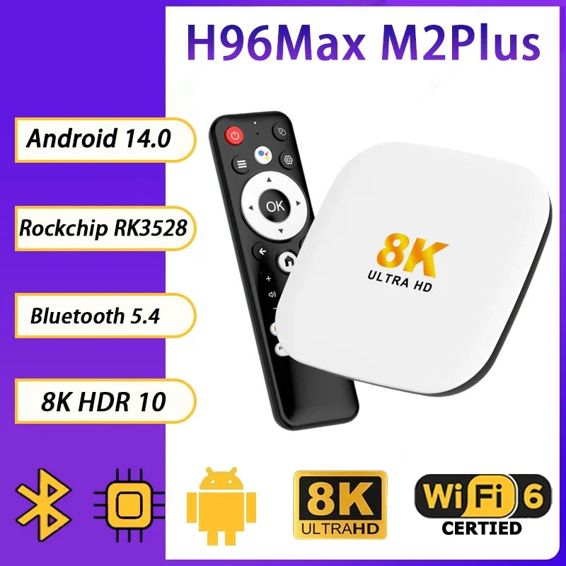 H96Max M2Plus Android14 Smart TV Box Rockchip RK3528 4GB 32GB/128GB BT5.4 8K 100M/Lan Media Play M2Plus Android14 TV Box