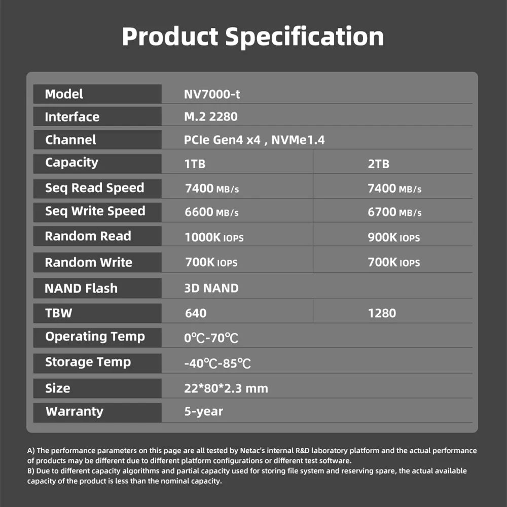 Netac 1TB 2TB 4TB M2 SSD NVMe 512gb PCIe4.0 M.2 2280 NV5000t NV7000t Internal Solid State Hard Disk For PS5 Laptop Desktop