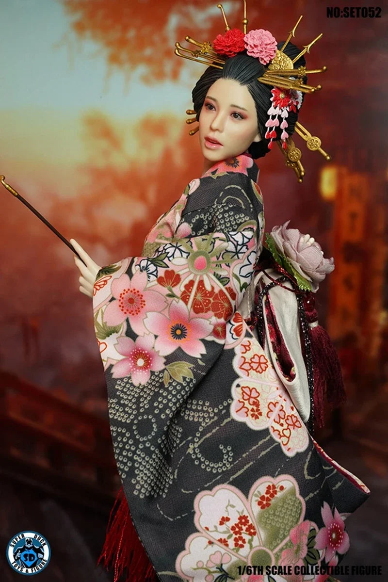 SUPER DUCK SET052 1/6 Japanese Geisha Head Sculpture Kimono Costume Set Model Fit 12'' TBL S12D Suntan Big Breast Action Figure